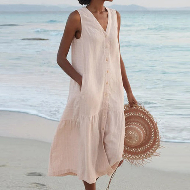 Barbara™ - Sleeveless Midi Dress with Button Closure