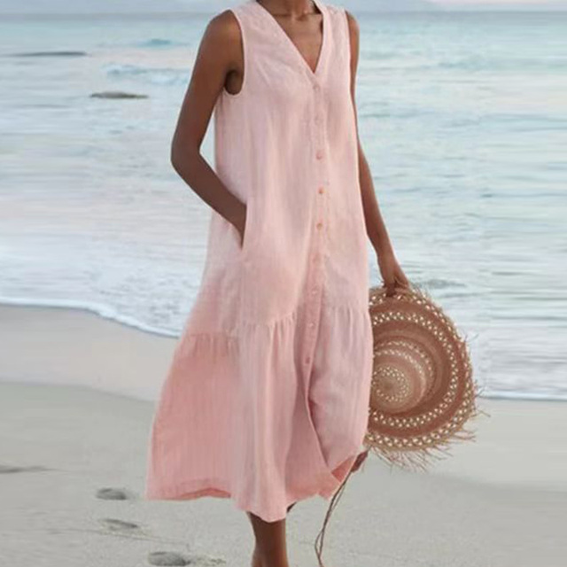 Barbara™ - Sleeveless Midi Dress with Button Closure