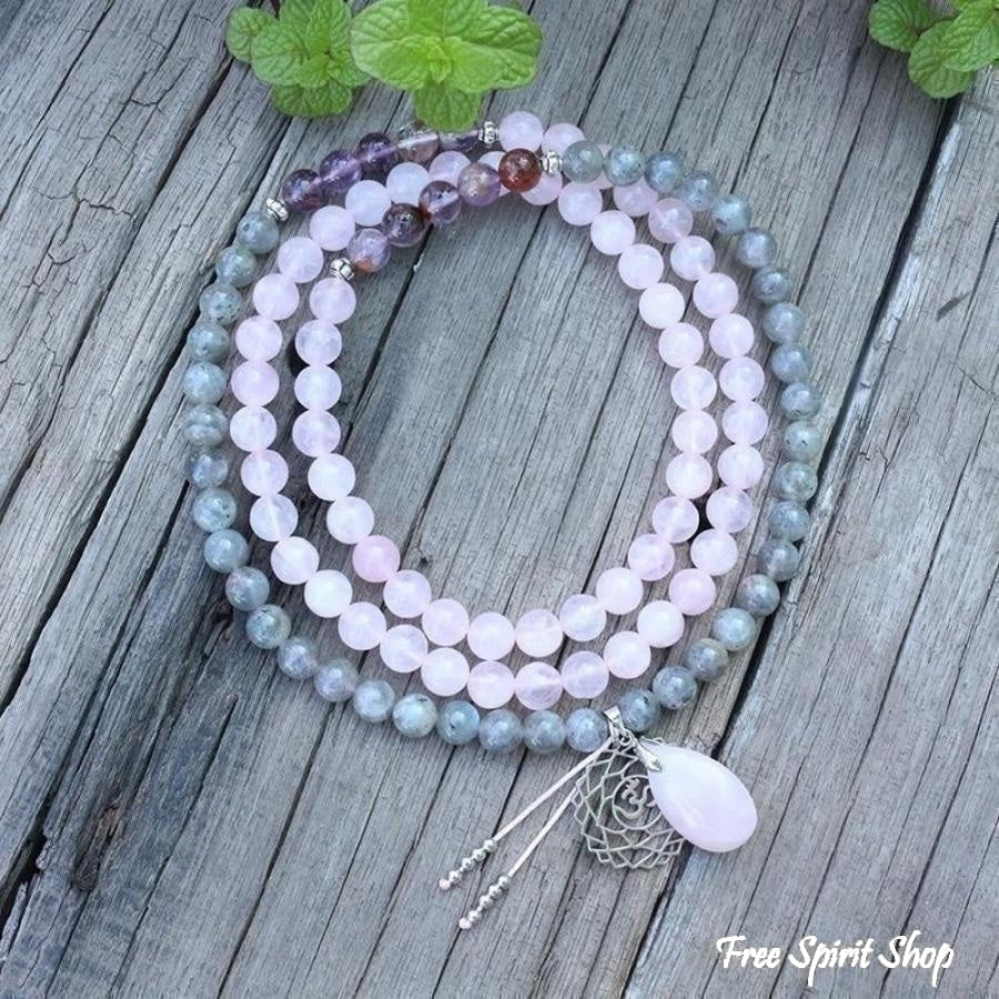 108 Natural Labradorite White Jade and Amethyst Mala Beads Necklace / Bracelet