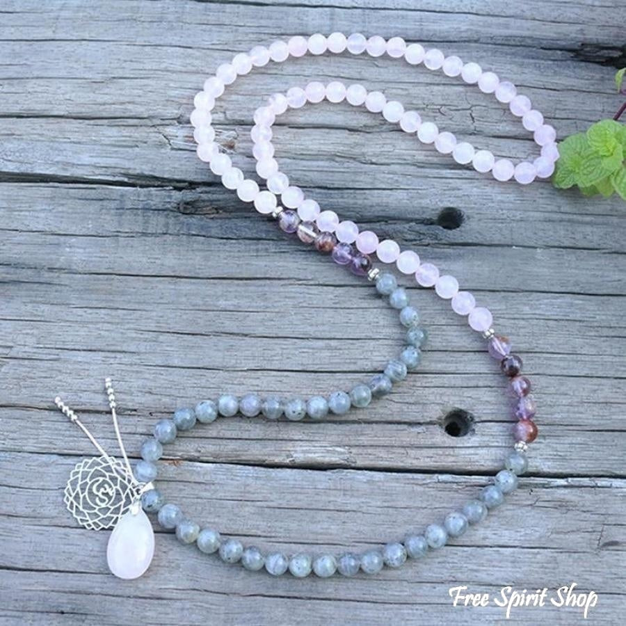 108 Natural Labradorite White Jade and Amethyst Mala Beads Necklace / Bracelet
