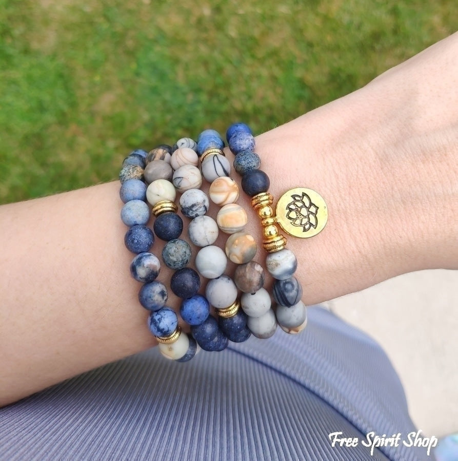 108 Natural Picasso Jasper & Blue Stone Mala Bead Bracelet