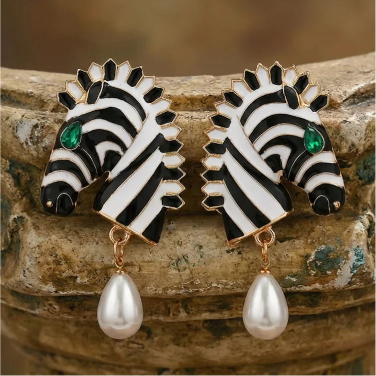 Vintage Zebra Pearl Tassel Earrings