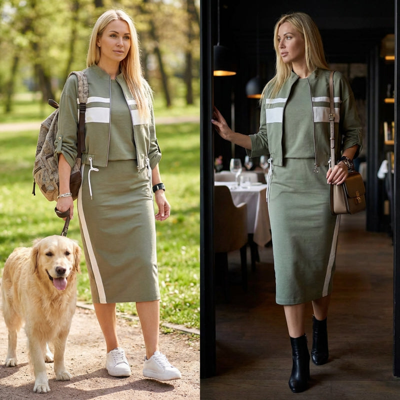 Alix™ Sport-Chic Ensemble – 3/4 Bomber & Midi Skirt
