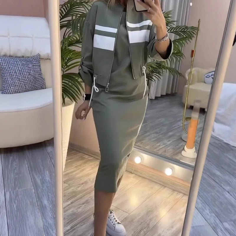 Alix™ Sport-Chic Ensemble – 3/4 Bomber & Midi Skirt