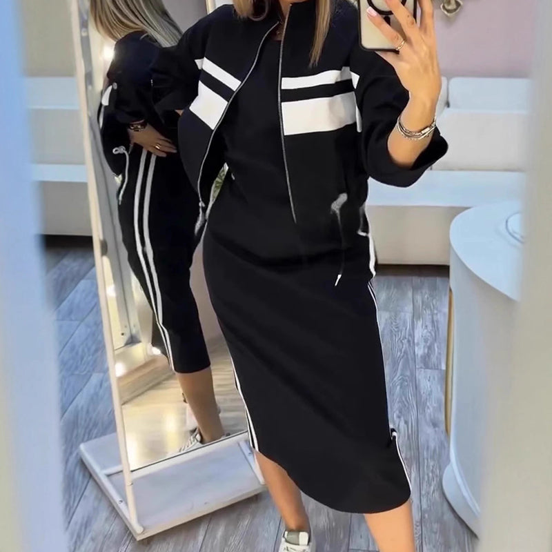 Alix™ Sport-Chic Ensemble – 3/4 Bomber & Midi Skirt