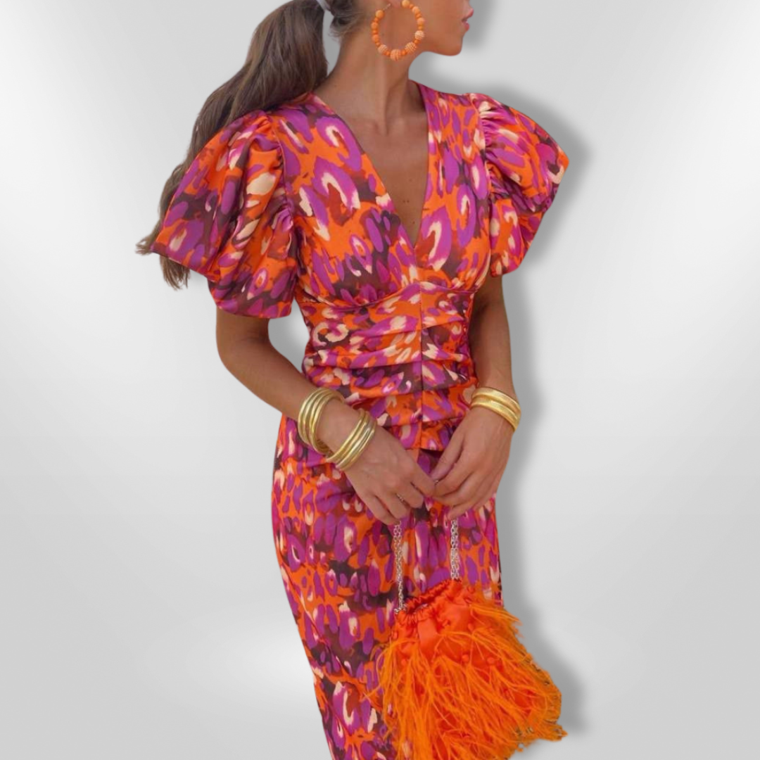 Arielle - Colourful Dress with Pleated Sleeves