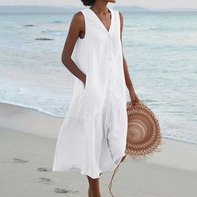 Barbara™ - Sleeveless Midi Dress with Button Closure