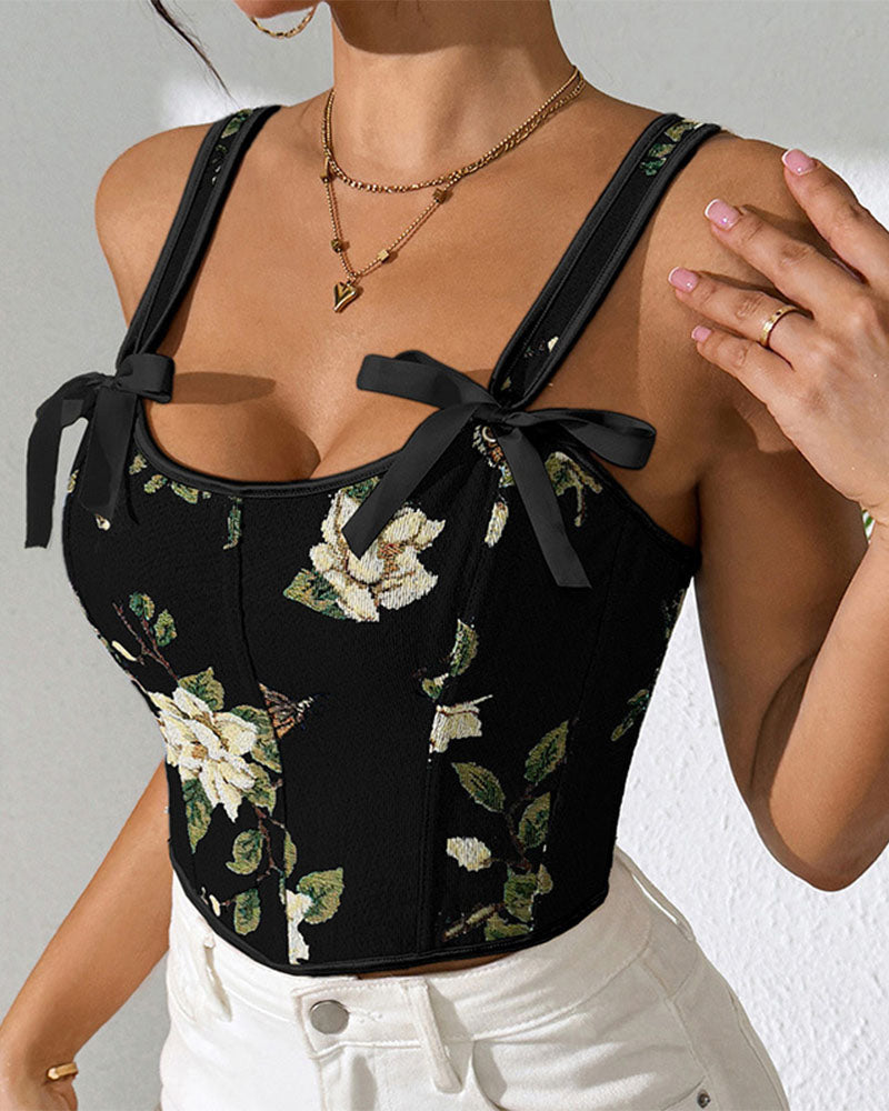 Floral Print Lace-Up Sling Slim Corset Vest