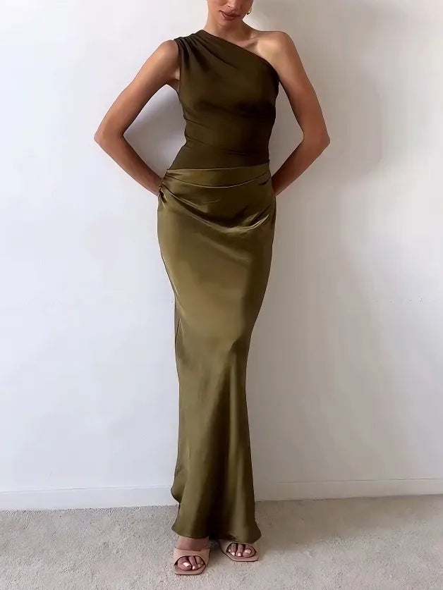 Anita™ - Elegant Pleated Maxi Evening Dress with One Shoulder