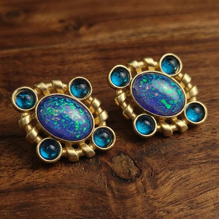 Vintage Opal and Blue Cluster Earrings