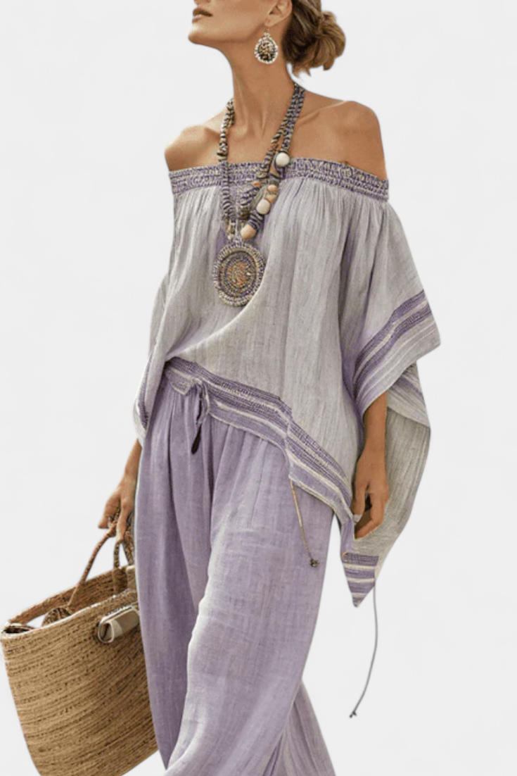 Lauren | Elegant Off-Shoulder Top & Wide-Leg Striped Pants