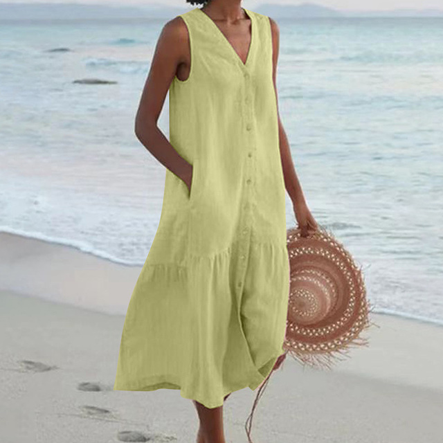 Barbara™ - Sleeveless Midi Dress with Button Closure