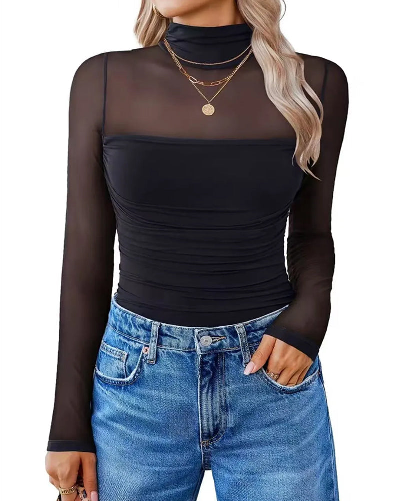 Women's High Neck Mesh Long Sleeve Shaping Bodysuit