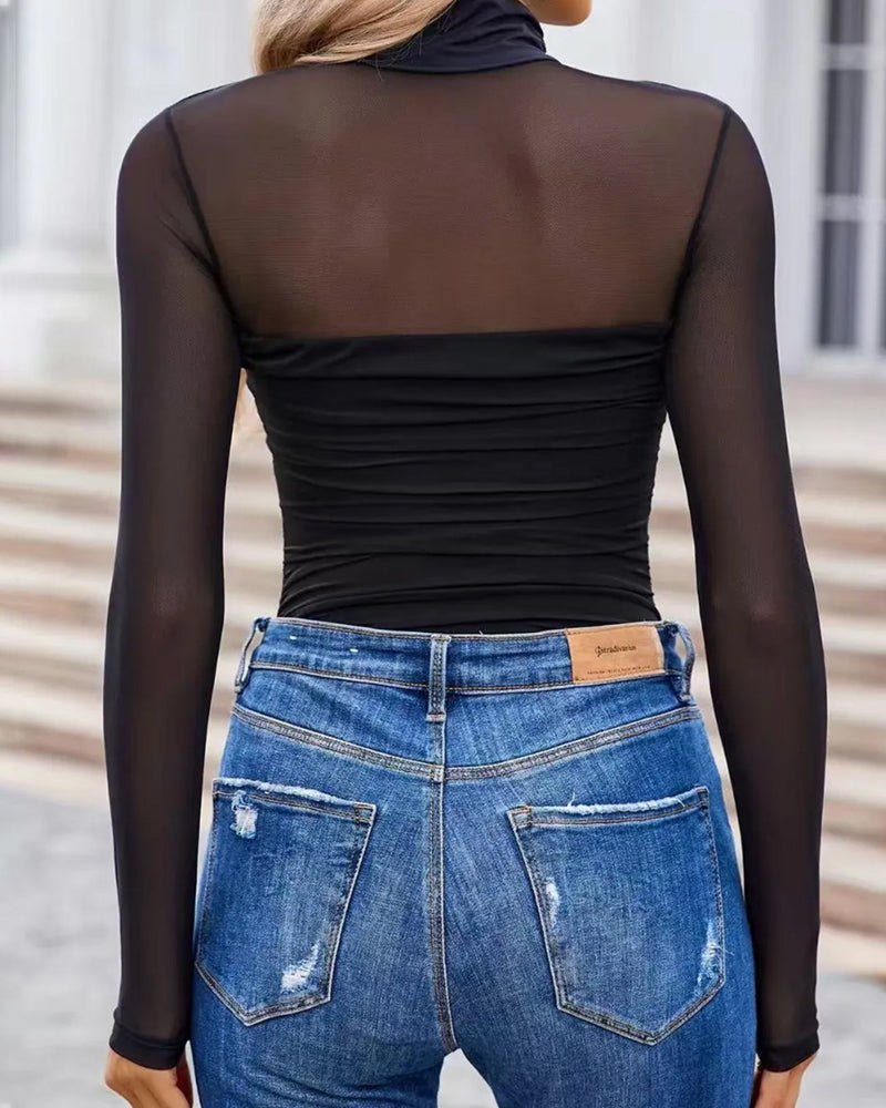 Women's High Neck Mesh Long Sleeve Shaping Bodysuit