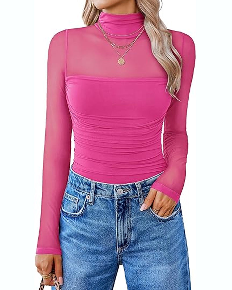 Women's High Neck Mesh Long Sleeve Shaping Bodysuit