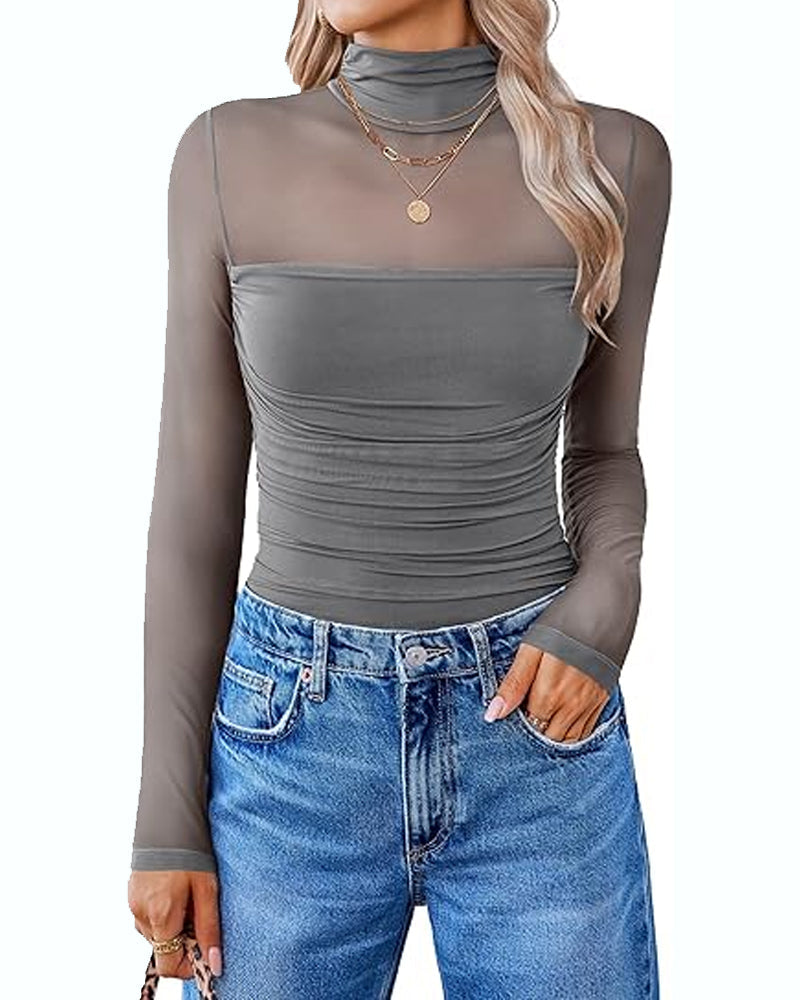 Women's High Neck Mesh Long Sleeve Shaping Bodysuit