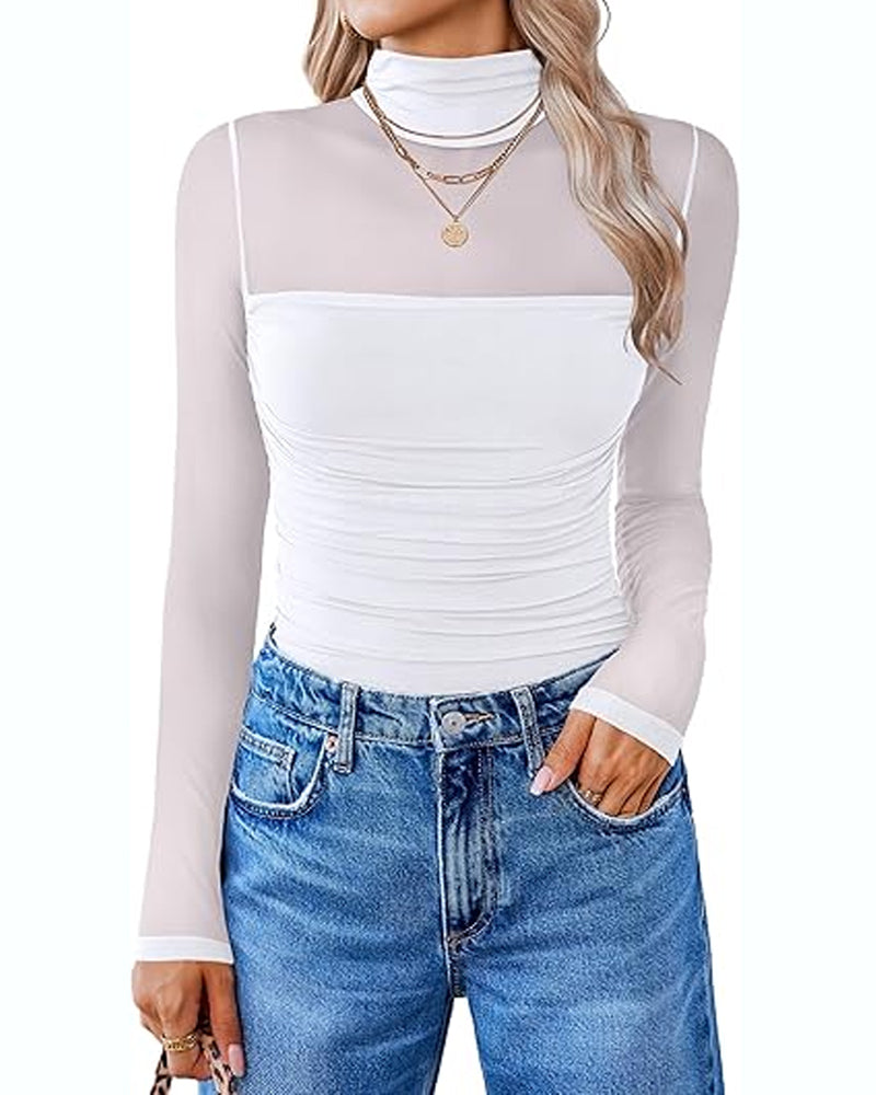 Women's High Neck Mesh Long Sleeve Shaping Bodysuit