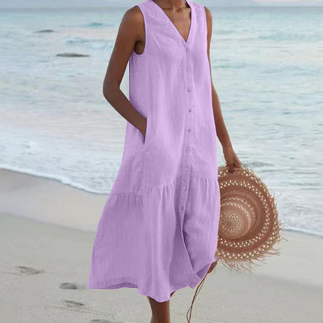 Barbara™ - Sleeveless Midi Dress with Button Closure