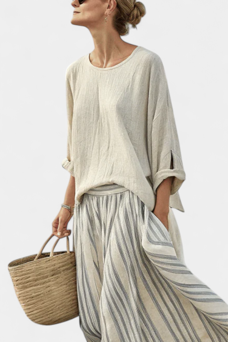Simone | Comfortable Loose Blouse & Striped Midi Skirt