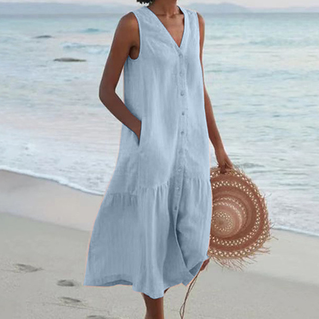 Barbara™ - Sleeveless Midi Dress with Button Closure