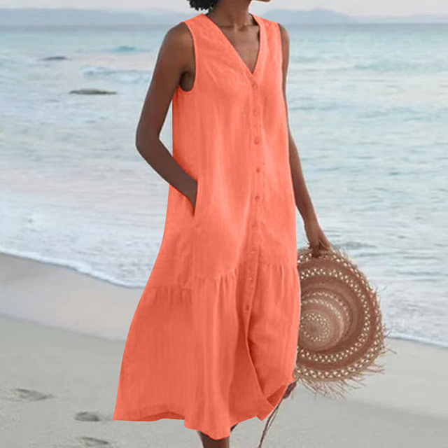 Barbara™ - Sleeveless Midi Dress with Button Closure