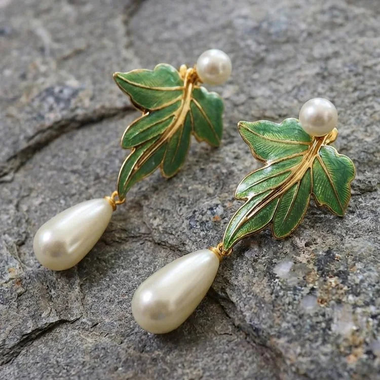 Green Enamel Leaf Pearl Earrings
