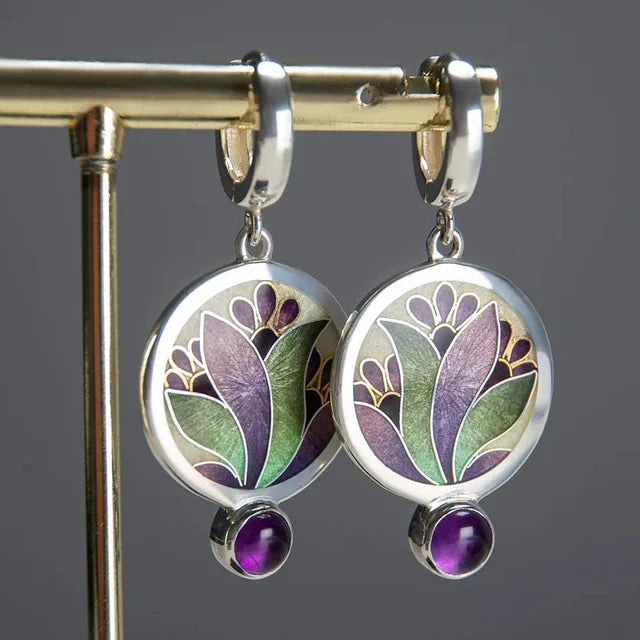 Boho Violet Crystal Silver Earrings