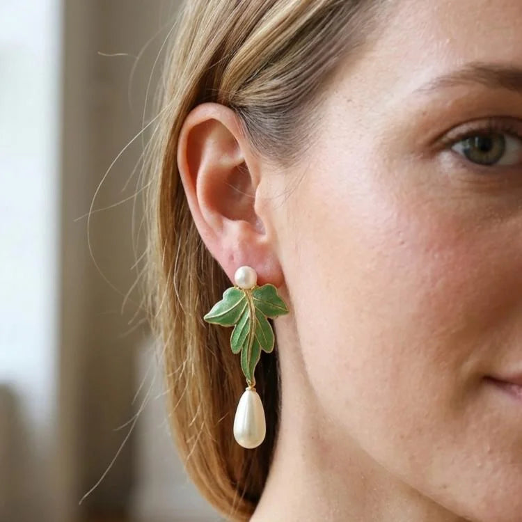 Green Enamel Leaf Pearl Earrings