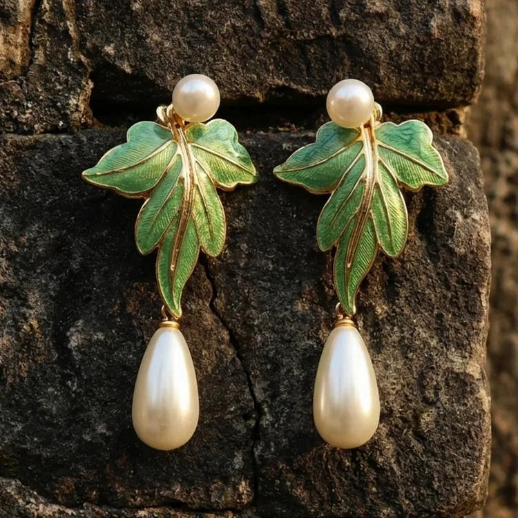 Green Enamel Leaf Pearl Earrings