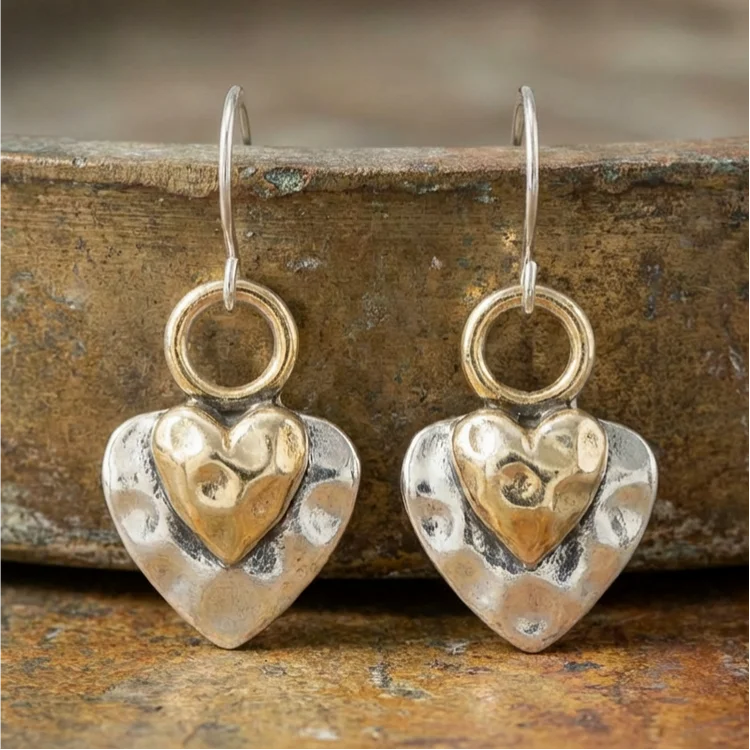 Vintage Hammered Two Tone Heart Earrings