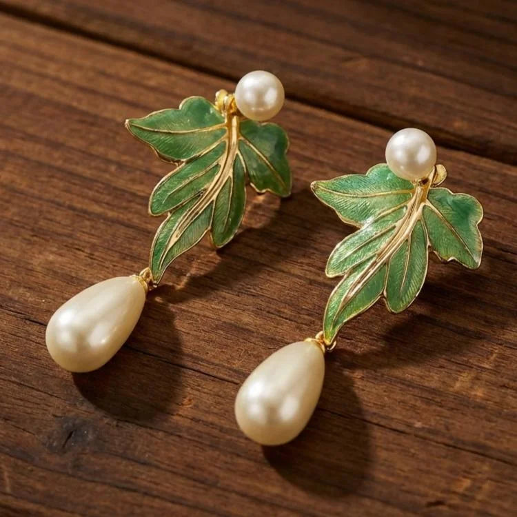 Green Enamel Leaf Pearl Earrings