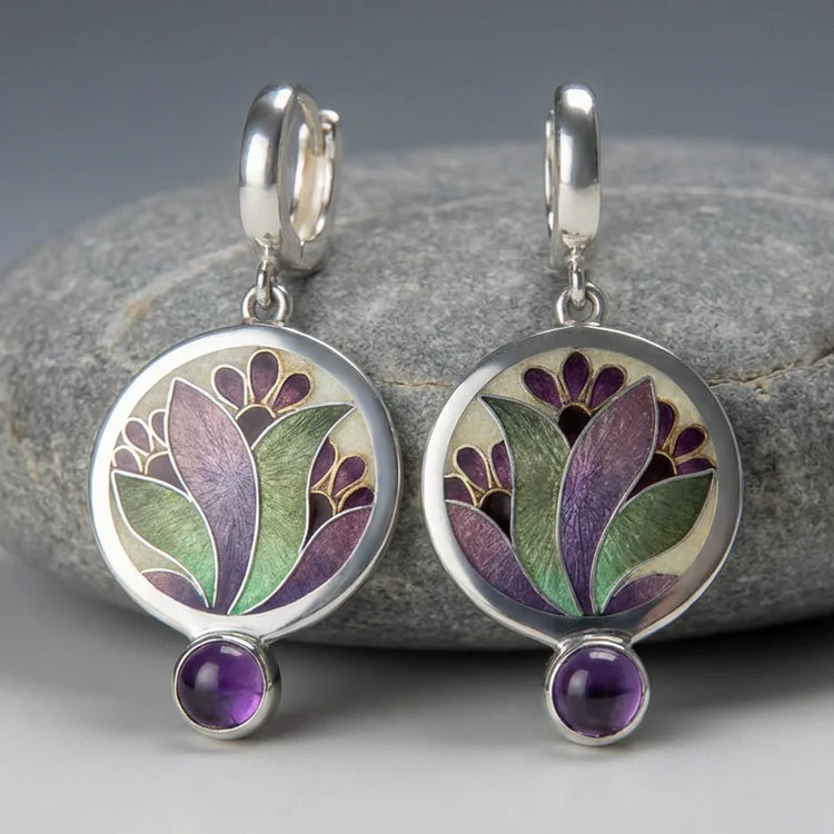 Boho Violet Crystal Silver Earrings