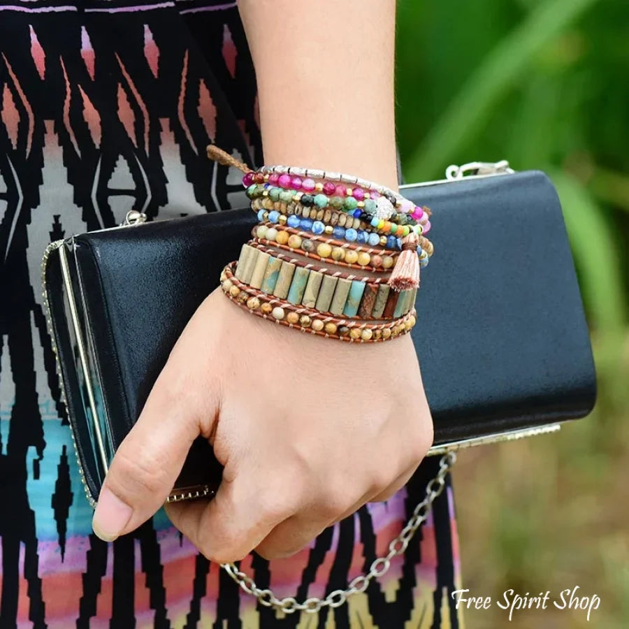 Natural Jasper & Sunflower Charm Leather Wrap Bracelet