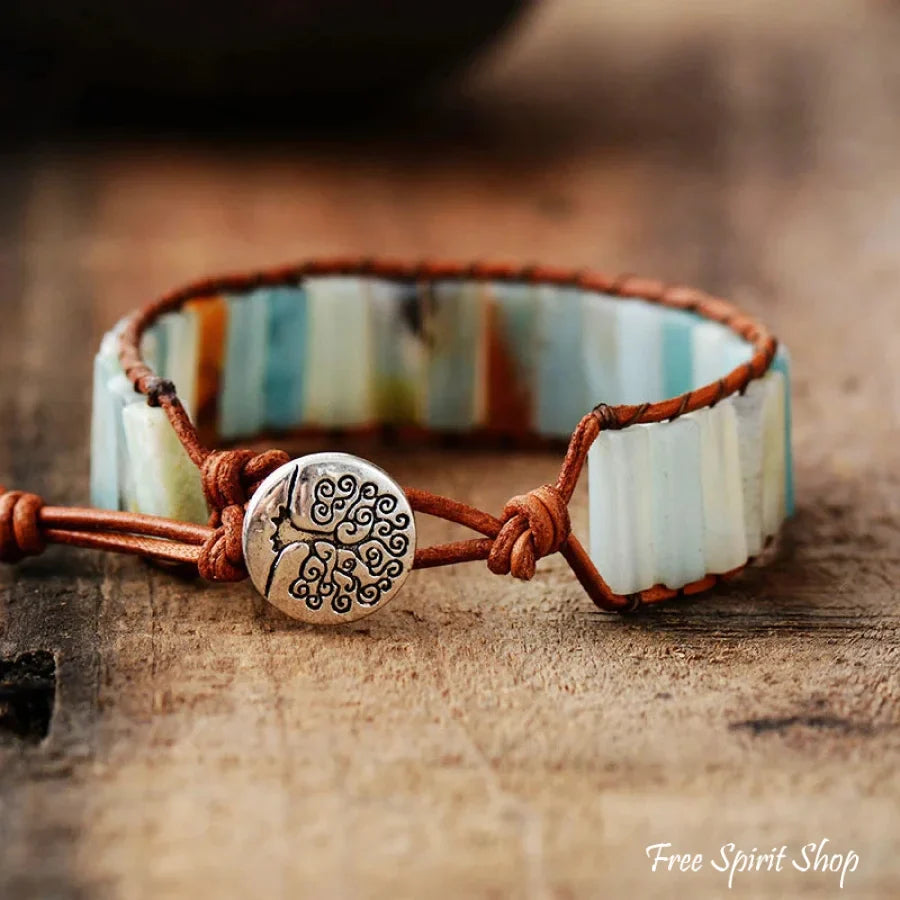 Natural Amazonite Stone & Leather Tree Of Life Bracelet