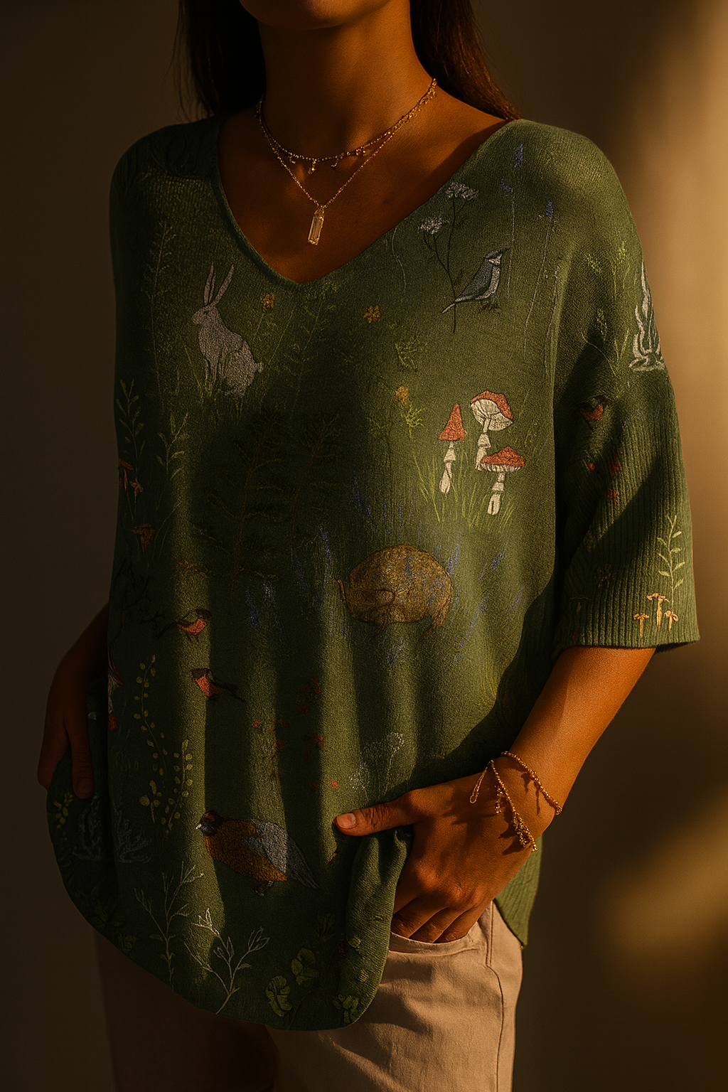 Margaret | Woodland And Animals Repeat Pattern Printed Women's Casual Pullover Knit