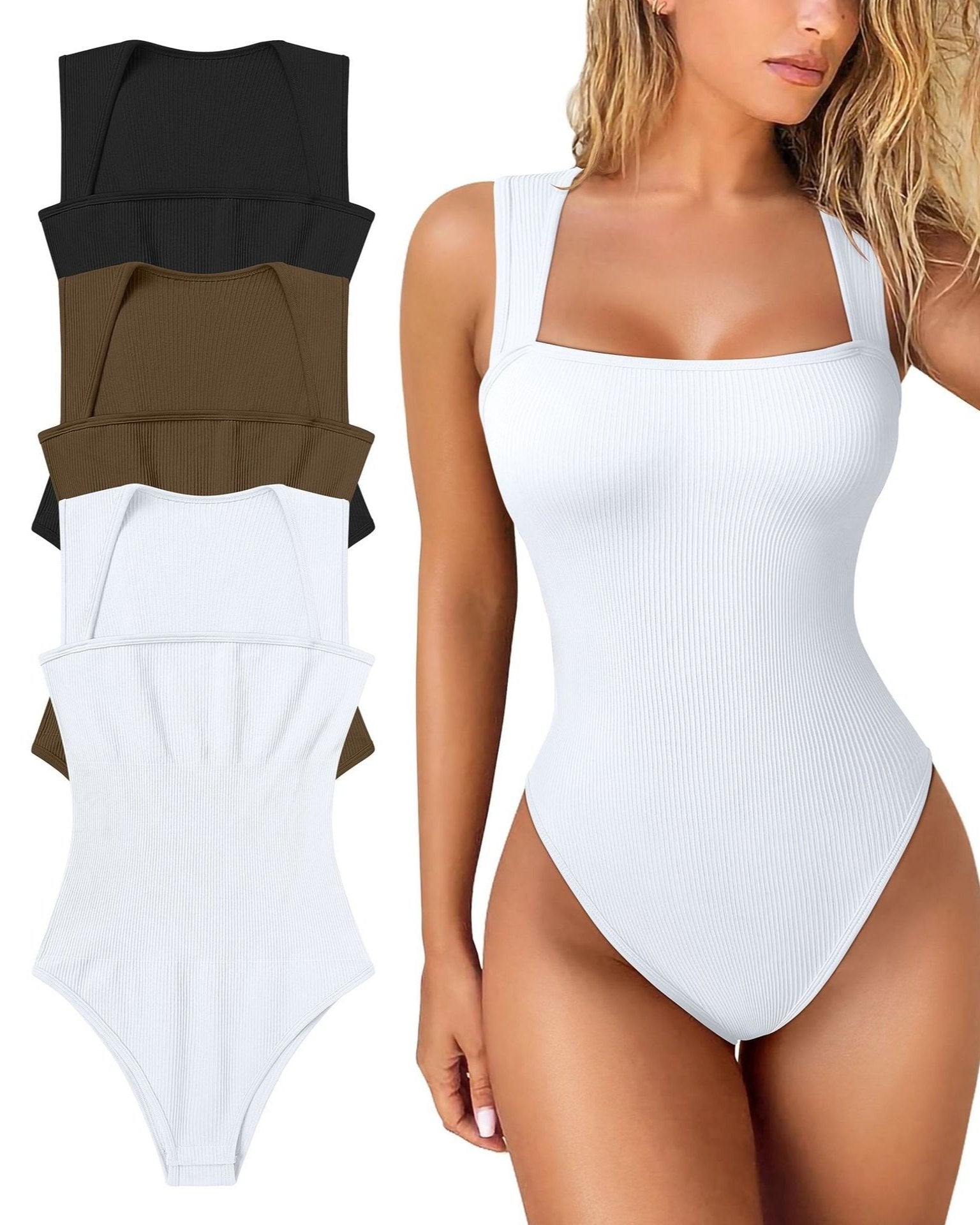 Women's Square Neck Sleeveless Knit Ribbed Vest Bodysuit