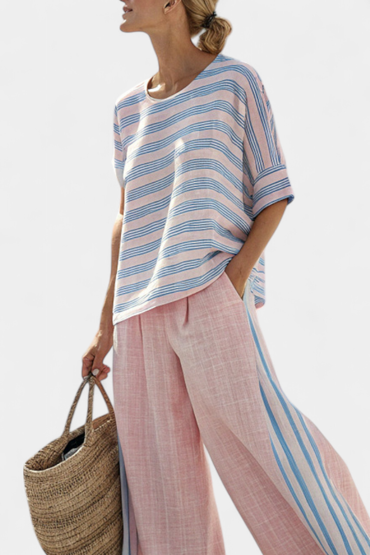 Aria | Elegant Pink-Blue Linen Blouse & Soft Pants