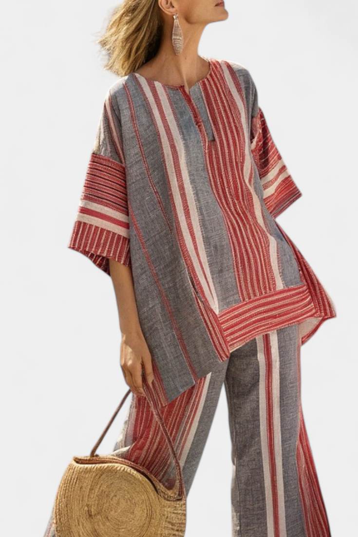 Annalise | Elegant Coral-Gray Linen Top & Wide-Leg Pants