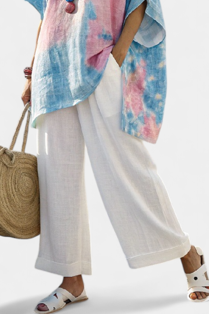 Elisea | Comfortable Relaxed Linen Top & Striped Bamboo Pants