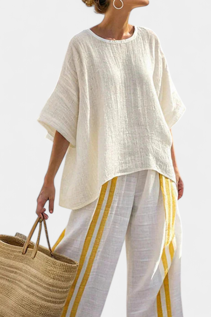 Freya | Elegant Yellow Striped Linen Top & Wide-Leg Pants