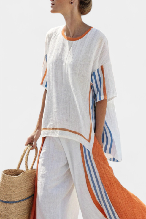 Natalia | Comfortable Wide-Leg Striped Pants & Linen Top