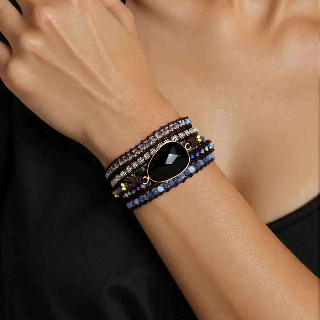 Natural Black Onyx Beaded Wrap Bracelet