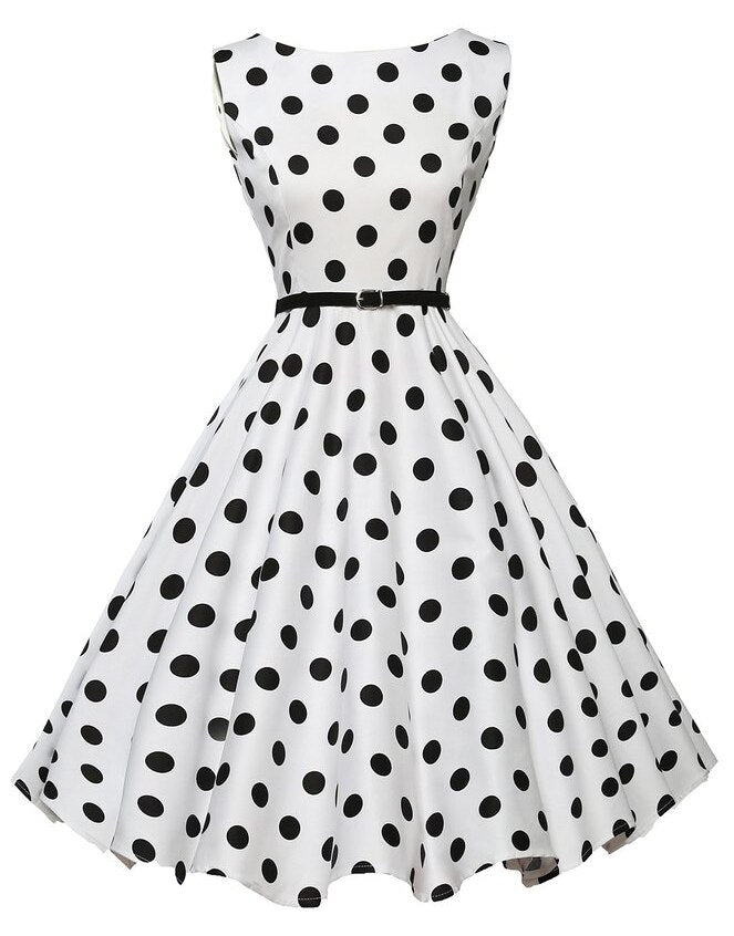 1950s Pin Up Bettie Page Polka Dot Print Flared Dress