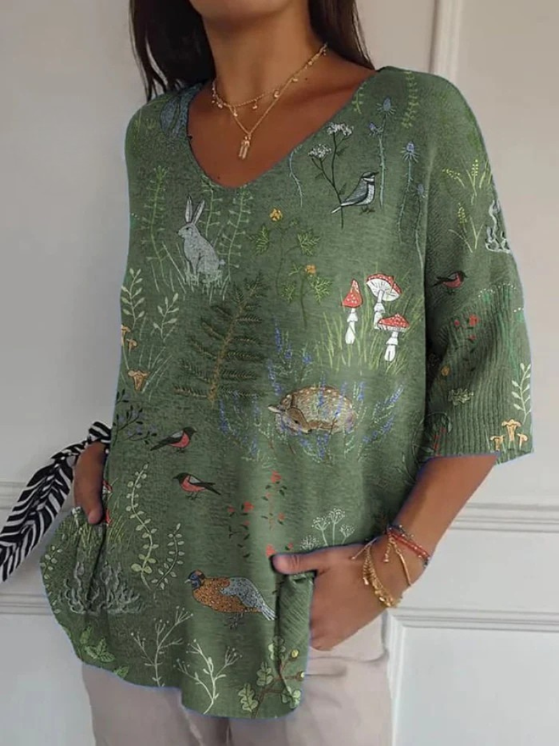 Margaret | Woodland And Animals Repeat Pattern Printed Women's Casual Pullover Knit