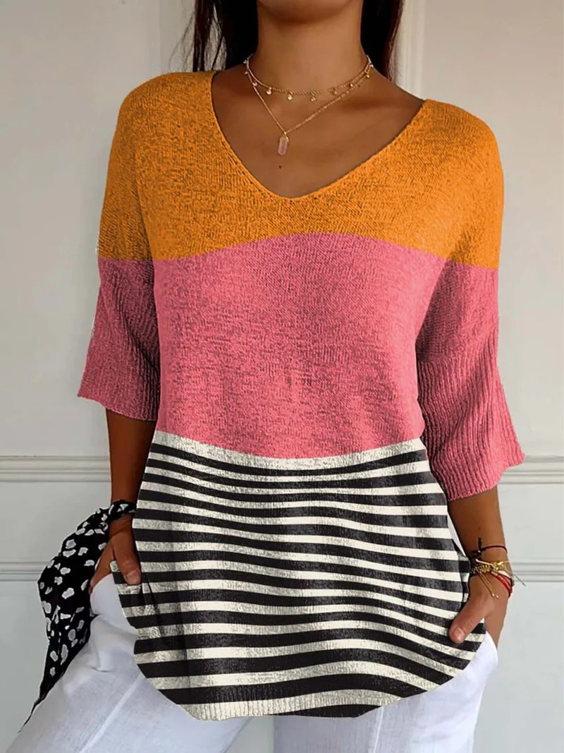 Jeanne | Women's Abstract Line Pattern Art Print Casual Knit Pullover