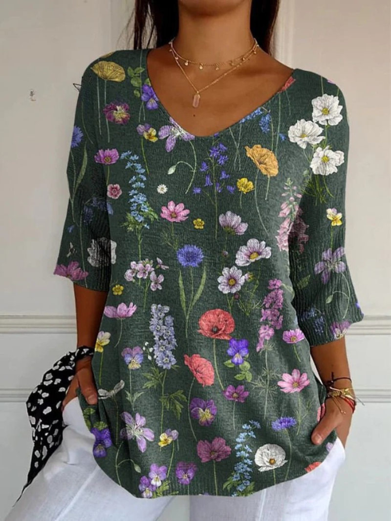 Natalie | Vibrant Spring Botanical Garden Pattern Printed Women's Casual Pullover Knit