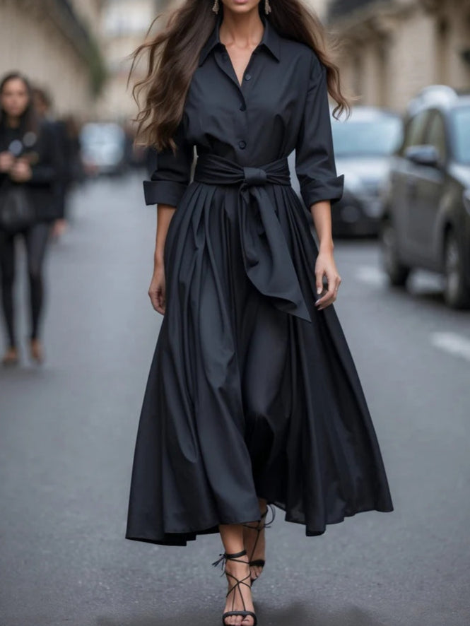 Alaia™ - Elegant Maxi Dress with Long Sleeves and Tie Belt