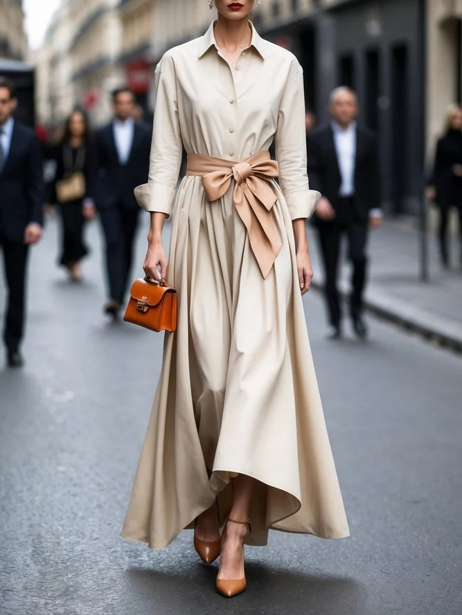 Alaia™ - Elegant Maxi Dress with Long Sleeves and Tie Belt