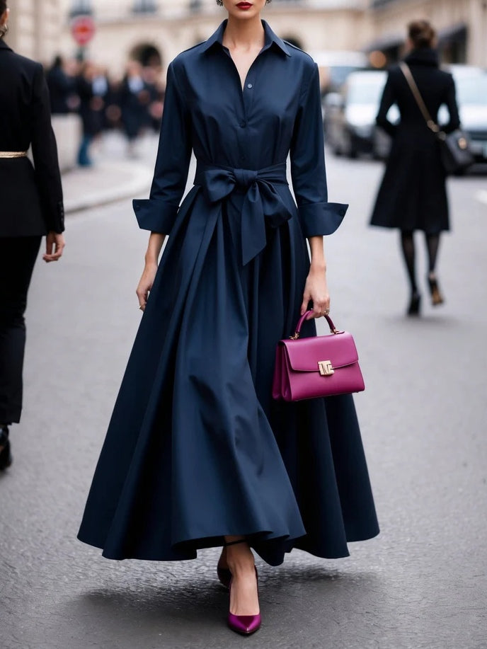 Alaia™ - Elegant Maxi Dress with Long Sleeves and Tie Belt