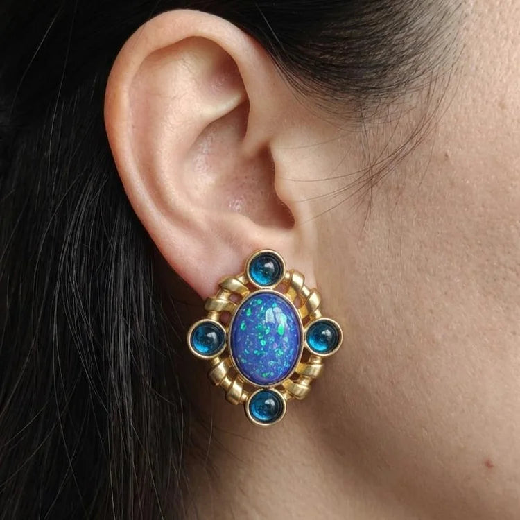Vintage Opal and Blue Cluster Earrings